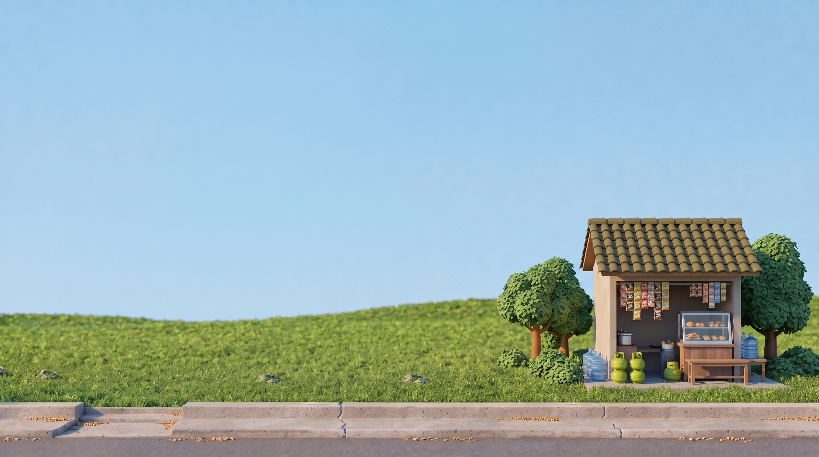 Visual Miniatur Warung UMKM Daya UMKM di Atas Perbukitan Hijau